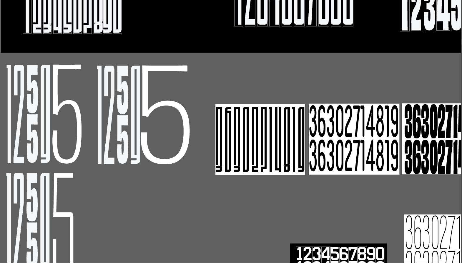 Roller design: columns of tall numerals in black, grey and white