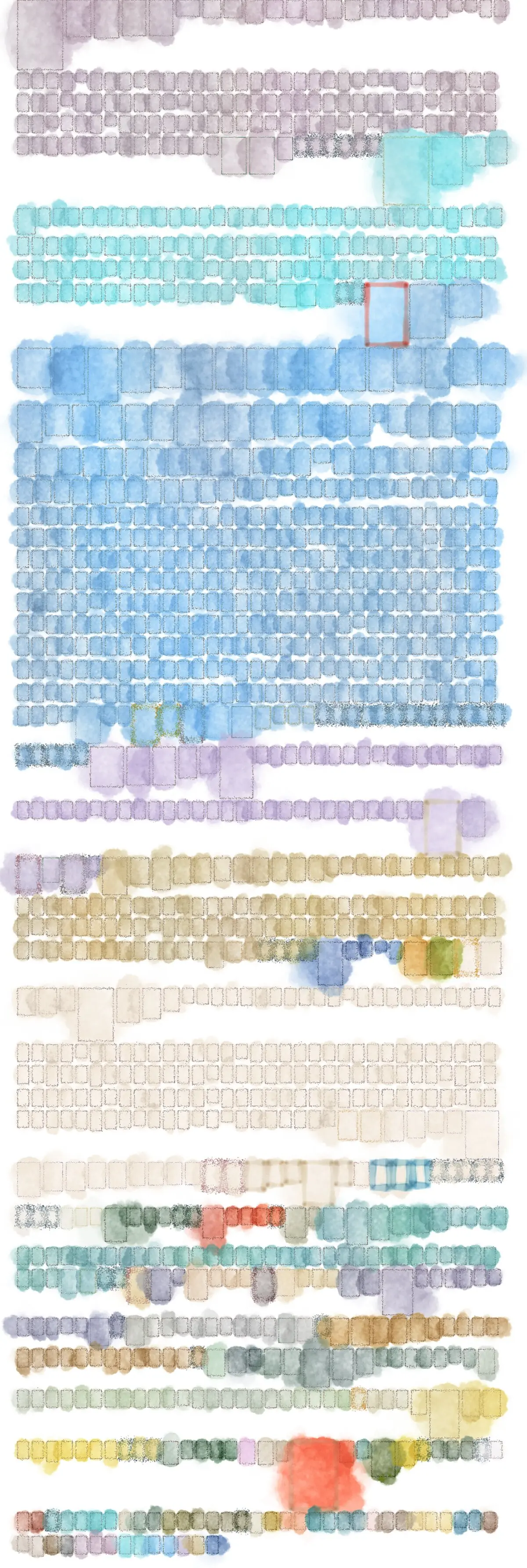 Genre Tag Library: rows of watercolour book shapes grouped by colour, each sized by sales
