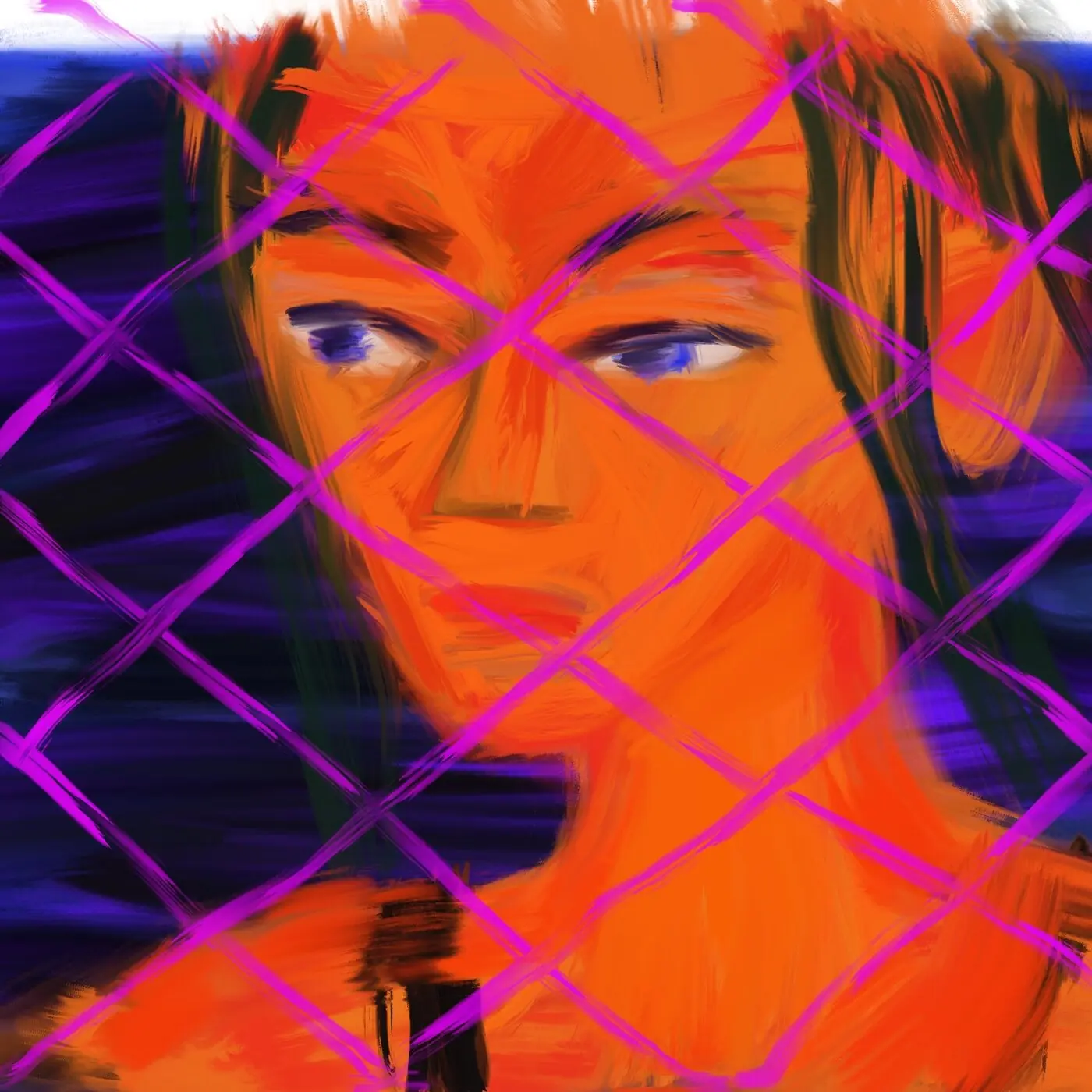 Digital painting of a woman's face in orange, seen through a pink chain-link fence