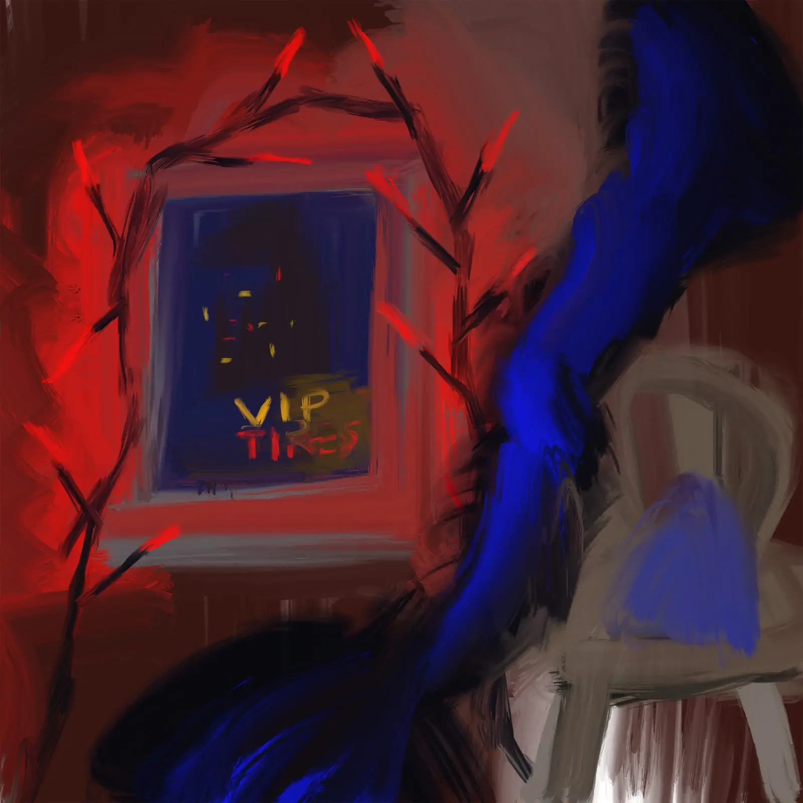 Home Is Where: digital painting of a window marked VIP beside a chair