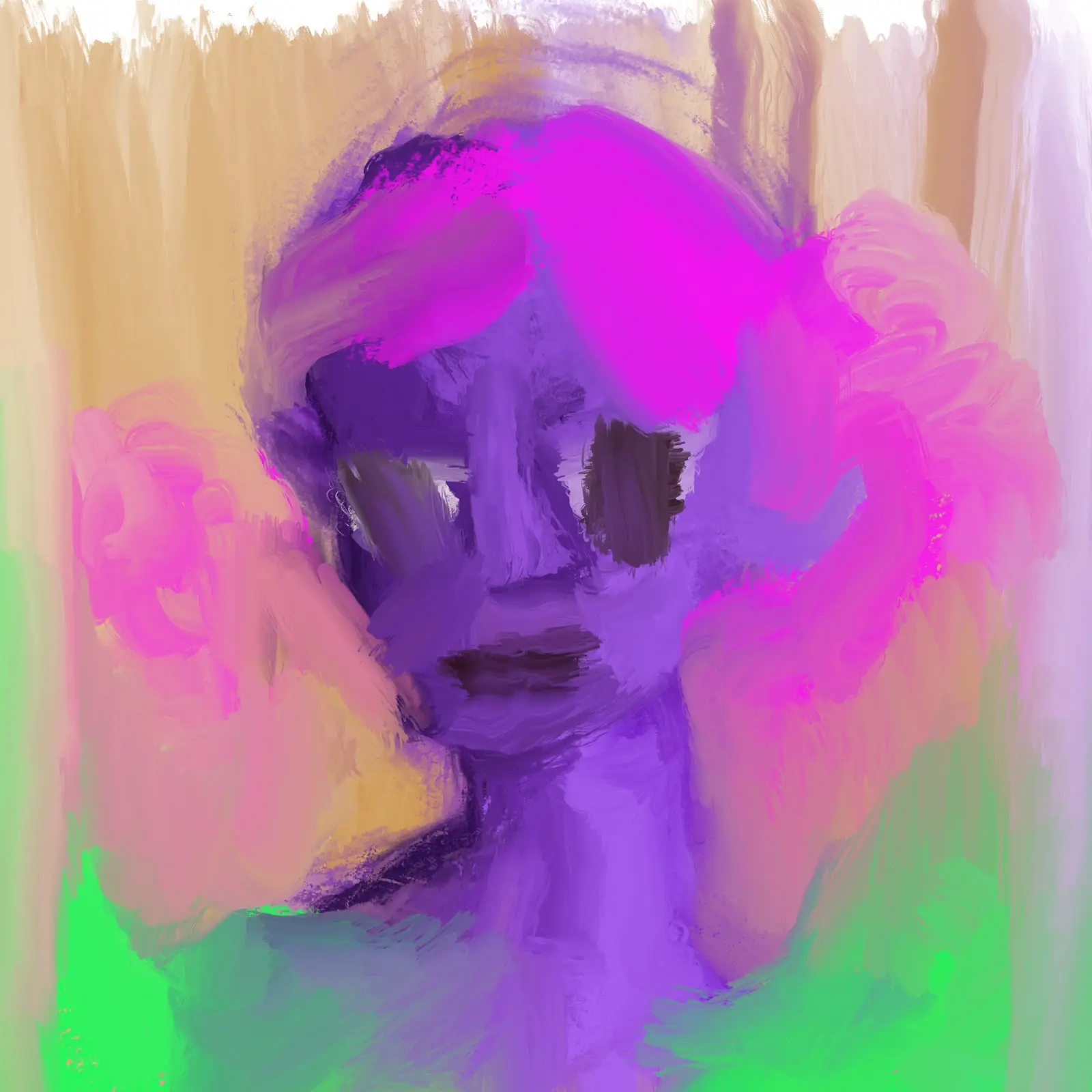 Digital painting of a purple face with pink hair