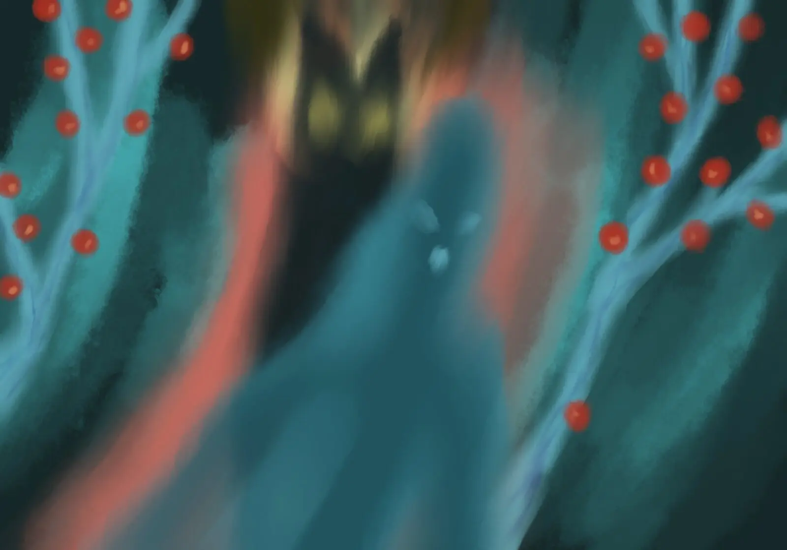 Postwoman: digital painting of a blurred blue figure between trees with red berries