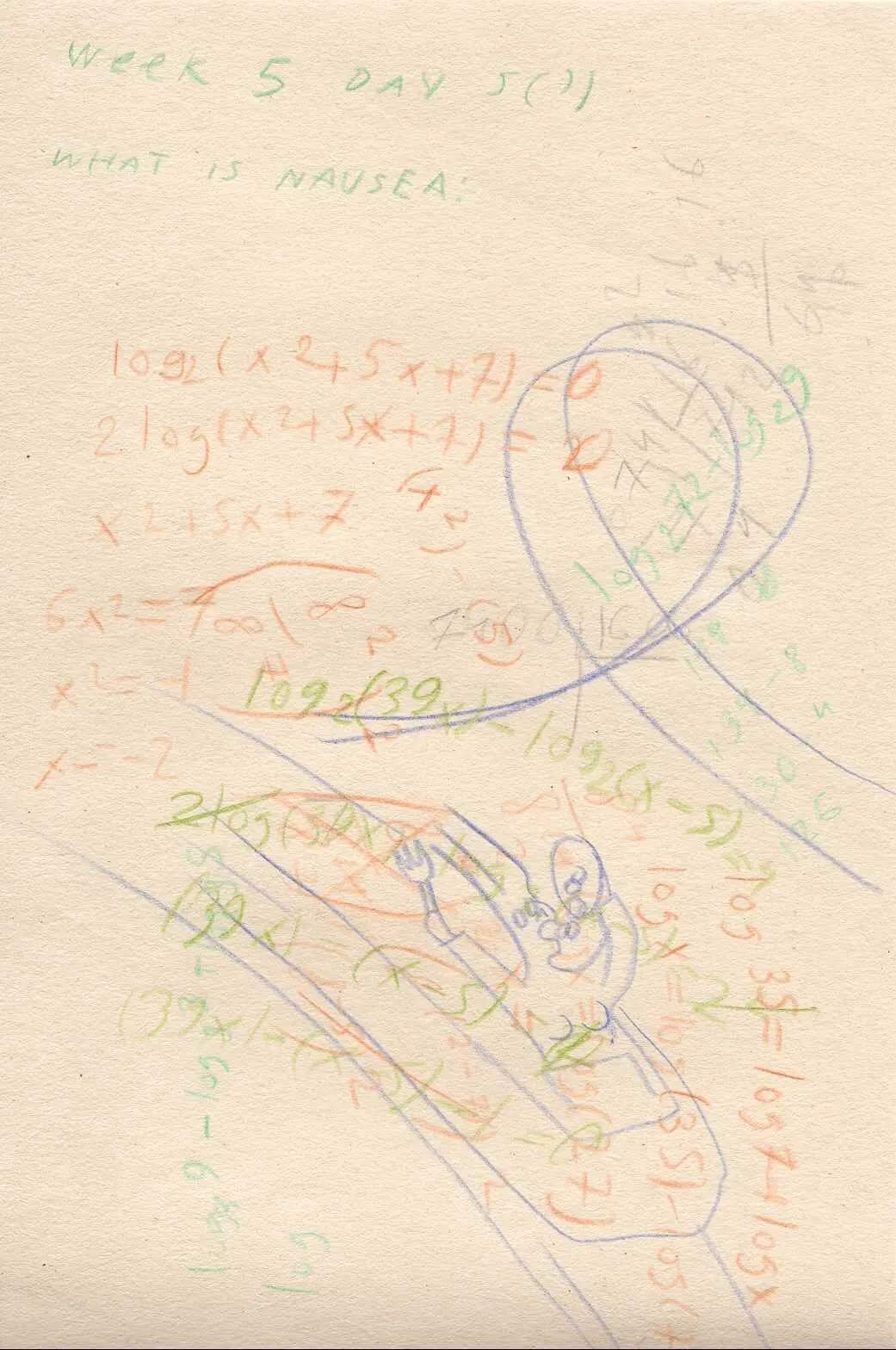 Diary page, week 5 day 5: equations and the question "what is nausea?"