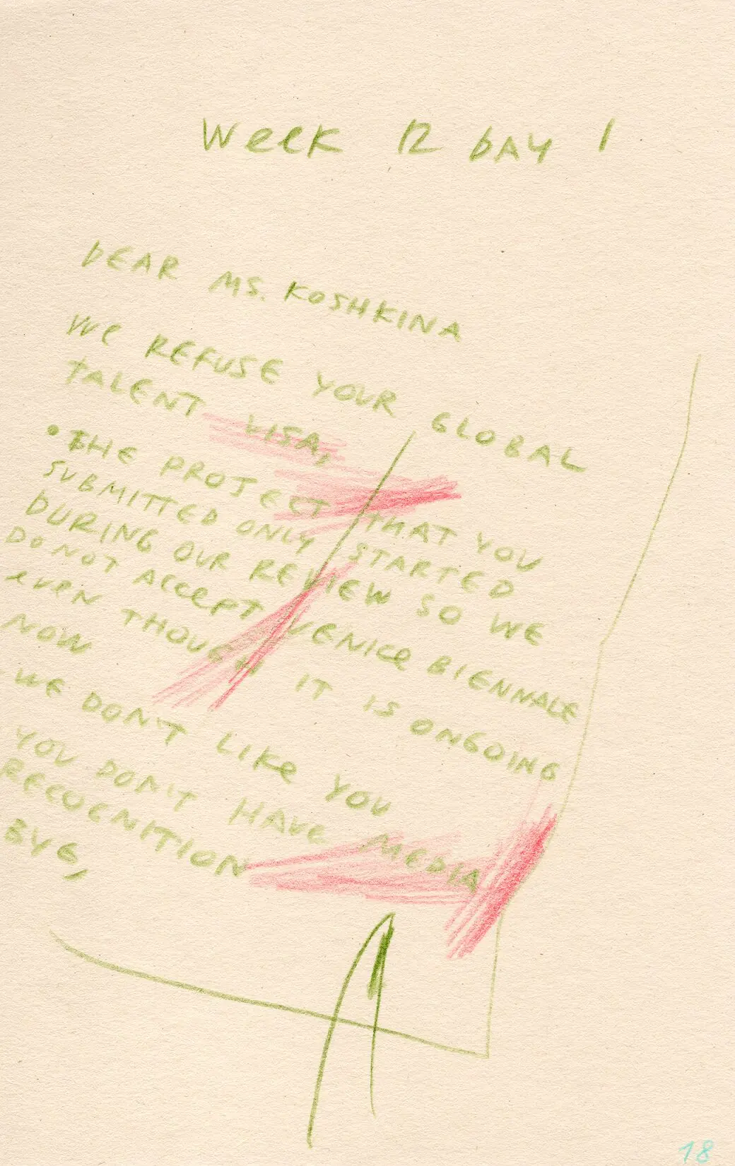 Diary page, week 12 day 1: a handwritten rejection letter