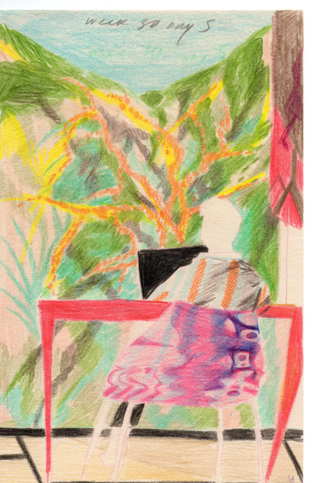 Diary page, week 30-something: a woman at a table by a window with plants