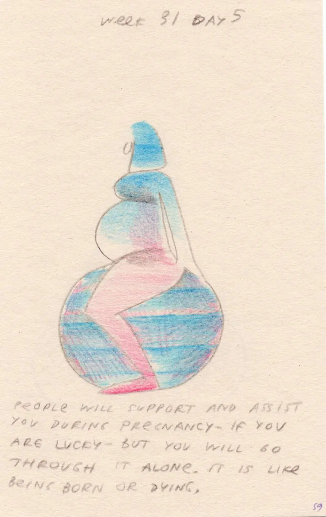 Diary page, week 31 day 5: a pregnant figure balancing on a globe