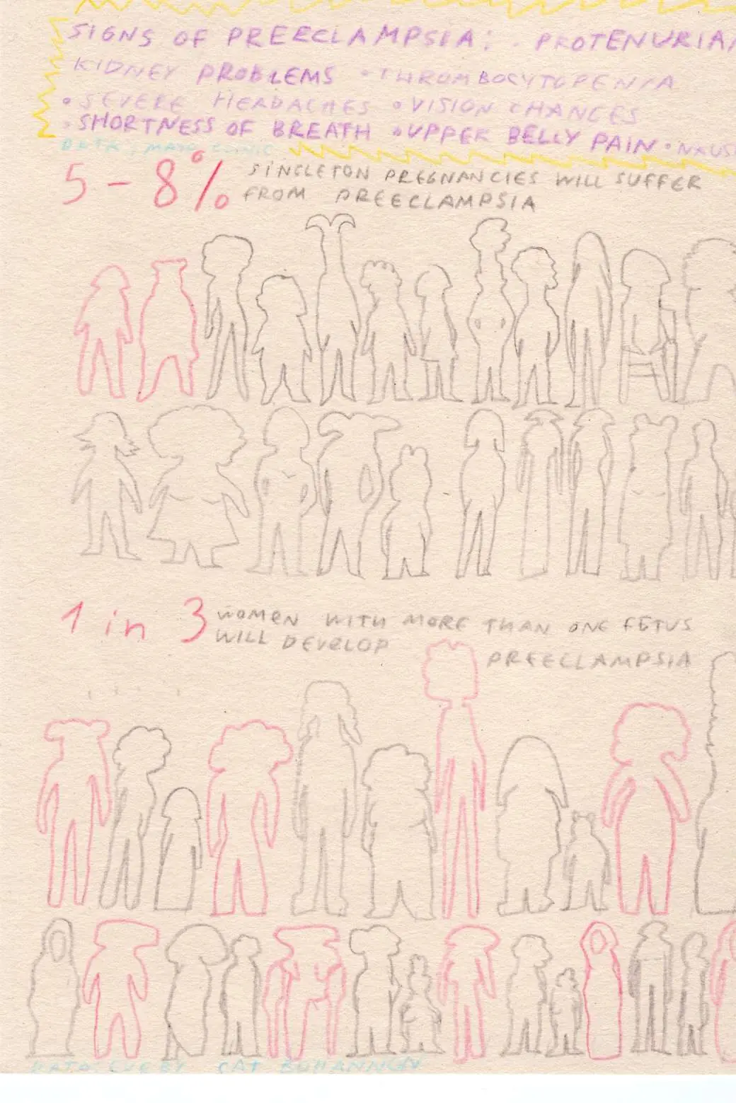 Diary page on preeclampsia: rows of women's silhouettes, one in three highlighted